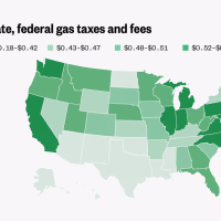This U.S. state map shows how much in state, federal taxes and fees are tacked on to a gallon of gas. Values range from 18 cents to more than 60 cents per gallon.