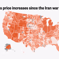 This map shows the change in average gas prices since the start of the Iran war in most every county-level jurisdiction in the U.S. 
