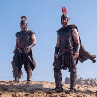 Jimmy Gonzales, Matt Damon and Himesh Patel in "The Odyssey."