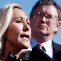 Rep. Marjorie Taylor Greene (R-GA) speaks at a news conference alongside Rep. Thomas Massie (R-KY) at the U.S. Capitol Building on May 01, 2024 in Washington, DC.