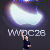 Apple CEO Tim Cook gestures the peace sign during his final Apple Worldwide Developers Conference  in Cupertino, Calif., on June 8, 2026.