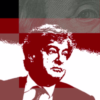 Photo Illustration of Leon Black and Epstein with a close-up of a dollar bill in the background.