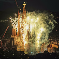 Fireworks engulf Antoni Gaudí's Basilica of the Sagrada Família after Pope Leo XIV blessed the newly completed central Tower of Jesus Christ in Barcelona, Spain, Wednesday, June 10, 2026. 