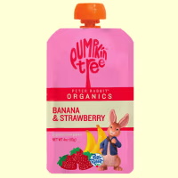 A Pumpkin Tree Peter Rabbit Organics Banana & Strawberry 4 oz. pouch on a light yellow background