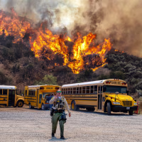 A brush fire is seen in the trees behind a row of parked school buses in a parking lot as a cop walks in the foreground speaking