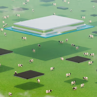 Illustration of data chips hovering above a field of green grass with dairy cows.
