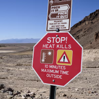 A red sign reading STOP! HEAT KILLS in a desert landscape.