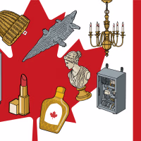 This is an illustrative graphic showing new tariffs on Canadian goods, overlaid on a flag of Canada.