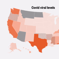 A map of the U.S. showing the Covid viral activity levels in wastewater. Texas is the only state categorized as having very high wastewater activity for Covid. Three additional states — California, Florida, Washington — have high levels.