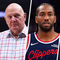 Image: A three part composite image of Steve Ballmer, Kawhi Leonard and Adam Silver