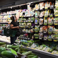 A woman reaches toward the top shelf of a refrigerated grocery store shelf. 