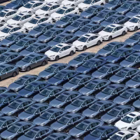 Aerial view of new BYD electric cars.