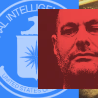 Photo illustration of David Rush against backdrop of gold bars and CIA logo 