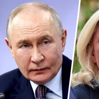 Image: Composite image of two photos. Left: Vladimir Putin, and Right: Marine Le Pen.