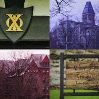 The Chi Phi fraternity house and campus buildings at Cornell University in Ithaca, N.Y.
