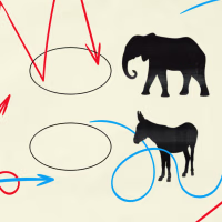 Illustration of ballot bubbles with a Republican elephant and Democratic Donkey; red and blue arrows draw around each option, pointing different ways.