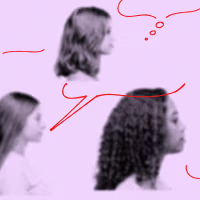 Photo illustration of blurry, young women with abstract conversation bubbles hovering over them