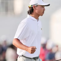 MEDINAH, ILLINOIS - SEPTEMBER 26: Min Woo Lee of Australia and the International Team reacts on the 15th green during Saturday's Foursome matches on day three of the Presidents Cup 2026 at Medinah Country Club on September 26, 2026 in Medinah, Illinois. (Photo by Michael Reaves/Getty Images)