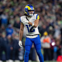 SEATTLE, WASHINGTON - JANUARY 25: Puka Nacua #12 of the Los Angeles Rams signals as he lines up during an NFC Championship NFL football game against the Seattle Seahawks at Lumen Field on January 25, 2026 in Seattle, Washington. (Photo by Michael Owens/Getty Images)