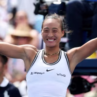 NEW YORK, NEW YORK - SEPTEMBER 05: Qinwen Zheng of China celebrates after defeating Madison Keys of the United States during their Women's Singles Third Round match on Day Seven of the 2026 US Open at USTA Billie Jean King National Tennis Center on September 05, 2026 in the Flushing neighborhood of the Queens borough of New York City. (Photo by Al Bello/Getty Images)