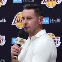 Sep 24, 2026; Los Angeles, CA, USA;  Los Angeles Lakers president of basketball operations and general manager Rob Pelinka (left) and head coach JJ Redick speak to the media during a press conference at UCLA Health Training Center. Mandatory Credit: Kiyoshi Mio-Imagn Images