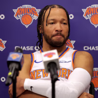 Sep 28, 2026; Tarrytown, NY, USA; New York Knicks guard Jalen Brunson (11) speaks during media day at the MSG training facility. Mandatory Credit: Brad Penner-Imagn Images