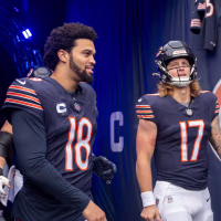CHICAGO, IL - NOVEMBER 17: Caleb Williams #18 of the Chicago Bears and Tyson Bagent #17 of the Chicago Bears walk through the tunnel before the game between the Green Bay Packers and the Chicago Bears at Soldier Field on November 17, 2024. (Photo by Ben Hsu/Icon Sportswire via Getty Images)