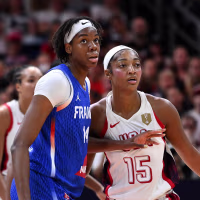 BERLIN, GERMANY - SEPTEMBER 13: Dominique Malonga #14 of the France Women's National Team and Angel Reese #15 of the USA Basketball Women's National Team look on during the game at the FIBA Women's Basketball World Cup 2026 on September 13, 2026 at Berlin Arena in Berlin, Germany. NOTE TO USER: User expressly acknowledges and agrees that, by downloading and or using this photograph, User is consenting to the terms and conditions of the Getty Images License Agreement. Mandatory Copyright Notice: Copyright 2026 NBAE (Photo by Juan Ocampo/NBAE via Getty Images)