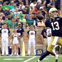 SOUTH BEND, INDIANA - SEPTEMBER 12: CJ Carr #13 of the Notre Dame Fighting Irish throws a pass during the second quarter against the Rice Owls at Notre Dame Stadium on September 12, 2026 in South Bend, Indiana. (Photo by Justin Casterline/Getty Images)