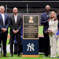NEW YORK, NY - SEPTEMBER 25: CC Sabathia poses for a photo with family and former members of the New York Yankees after being honored at Yankee Stadium prior to the game between the Baltimore Orioles and the New York Yankees on Friday, September 25, 2026 in New York, New York. (Photo by Michael Mooney/MLB Photos via Getty Images)