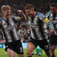 Lewis Hall (left), Harvey Barnes (center) and Malick Thiaw (right) celebrate Harvey Barnes' goal during the Carabao Cup Second Round match between Newcastle United and West Bromwich Albion at St. James's Park in Newcastle, on August 26, 2026. (Photo by Michael Driver/MI News/NurPhoto via Getty Images)
