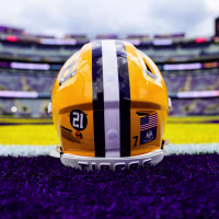 BATON ROUGE, LOUISIANA - SEPTEMBER 5: Stock picture of an LSU Tigers helmet on the field with a sticker for Jerry Stovall against the Clemson Tigers at Tiger Stadium on September 5, 2026 in Baton Rouge, Louisiana. (Photo by Ella Hall/University Images via Getty Images}