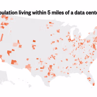 This is a map of the U.S. that shows the percent of each counties' population that lives within 5 miles of a data center.