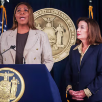 Letitia James and Kathy Hochul in New York on Friday, Oct. 2, 2026.