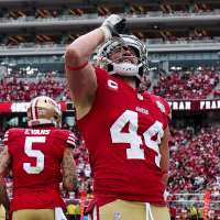 Kyle Juszczyk of the San Francisco 49ers performs his signature "drinking" gesture after scoring a touchdown against the Miami Dolphins on Sept. 20, 2026.