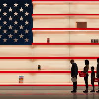 Illustration of people waiting in line with plates and baskets, waiting to browse near-empty food bank shelves that look like the American flag.