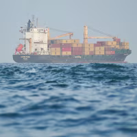 A container ship anchored near the Strait of Bab al-Mandeb off Yemen's coast on Aug. 6, 2026. 