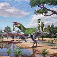 Image: An illustration of a dinosaur eating a mammal.