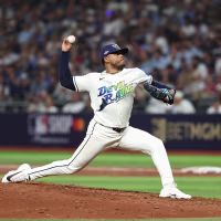 Freddy Peralta of the Tampa Bay Rays pitches during Game Two of the American League Championship Series between the Cleveland Guardians and the Tampa Bay Rays at Tropicana Field on Tuesday, October 13, 2026 in St. Petersburg, Florida. 