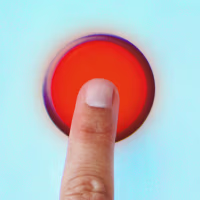 Photo illustration of a human finger pressing a large, glowing red button.
