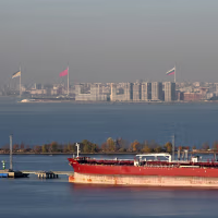 Image: A Tanker docked at port of Saint Petersburg.
