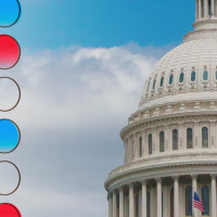 The Capitol in Washington, DC, with outlines of voting ballot bubbles, some are filled with red and others blue.
