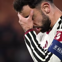 Manchester United's Portuguese midfielder #08 Bruno Fernandes reacts during the UEFA Champions League, league phase matchday 3, football match between Como 1907 and Manchester United at the Stadio Giuseppe Sinigaglia in Como, northen Italy on October 21, 2026. (Photo by PIERO CRUCIATTI / AFP via Getty Images)