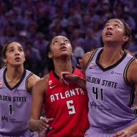Oct 19, 2026; San Francisco, California, USA; Golden State Valkyries forward Gabby Williams (1), center Kiah Stokes (41), and Atlanta Dream forward Angel Reese (5) look for a rebound in the third quarter in game two of the 2026 WNBA Finals at Chase Center. Mandatory Credit: David Gonzales-Imagn Images