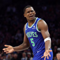 MINNEAPOLIS, MINNESOTA - OCTOBER 25: Anthony Edwards #5 of the Minnesota Timberwolves reacts against the Toronto Raptors in the fourth quarter during the home opener at Target Center on October 25, 2026 in Minneapolis, Minnesota. The Timberwolves defeated the Raptors 117-94. NOTE TO USER: User expressly acknowledges and agrees that, by downloading and or using this photograph, User is consenting to the terms and conditions of the Getty Images License Agreement. (Photo by David Berding/Getty Images)
