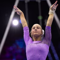 ROTTERDAM, HOLLAND: October 24: Claire Pease of the United States reacts after performing a vault during his World Championship individual apparatus competition at the Artistic Gymnastics World Championships-Rotterdam 2026 at the Rotterdam Ahoy on October 24th, 2026, in Rotterdam, the Netherlands. (Photo by Tim Clayton/Getty Images)