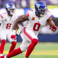 INGLEWOOD,CALIFORNIA - SEPTEMBER 21: Brian Burns #0 of the New York Giants runs around the edge during an NFL football game against the Los Angeles Rams at SoFi Stadium on September 21, 2026 in Inglewood, California. (Photo by Logan Bowles/Getty Images)