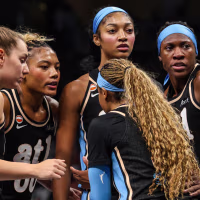 Oct 7, 2026; Atlanta, Georgia, USA; Atlanta Dream guard Isobel Borlase (20), forward Naz Hillmon (00), forward Angel Reese (5), guard Jordin Canada (3), and guard Rhyne Howard (10) in a huddle during the game against the New York Liberty during the first quarter of game two of the second round for the 2026 WNBA Playoffs at State Farm Arena. Mandatory Credit: Jordan Godfree-Imagn Images