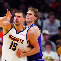 Oct 4, 2026; Boulder, Colorado, USA;  Utah Jazz forward Lauri Markkanen (23) defends on Denver Nuggets center Nikola Jokic (15) in the first half at CU Events Center.  Mandatory Credit: Ron Chenoy-Imagn Images