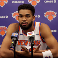 Sep 28, 2026; Tarrytown, NY, USA; New York Knicks center Karl-Anthony Towns (32) speaks during media day at the MSG training facility. Mandatory Credit: Brad Penner-Imagn Images